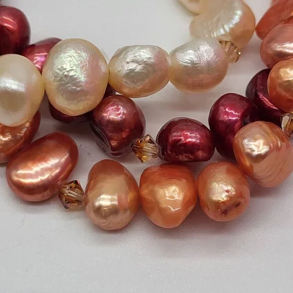 VTG 14/20 Gold Filled Clasp 3 Strand Red Peach Cream Pearl Statement Necklace - Picture 6 of 9